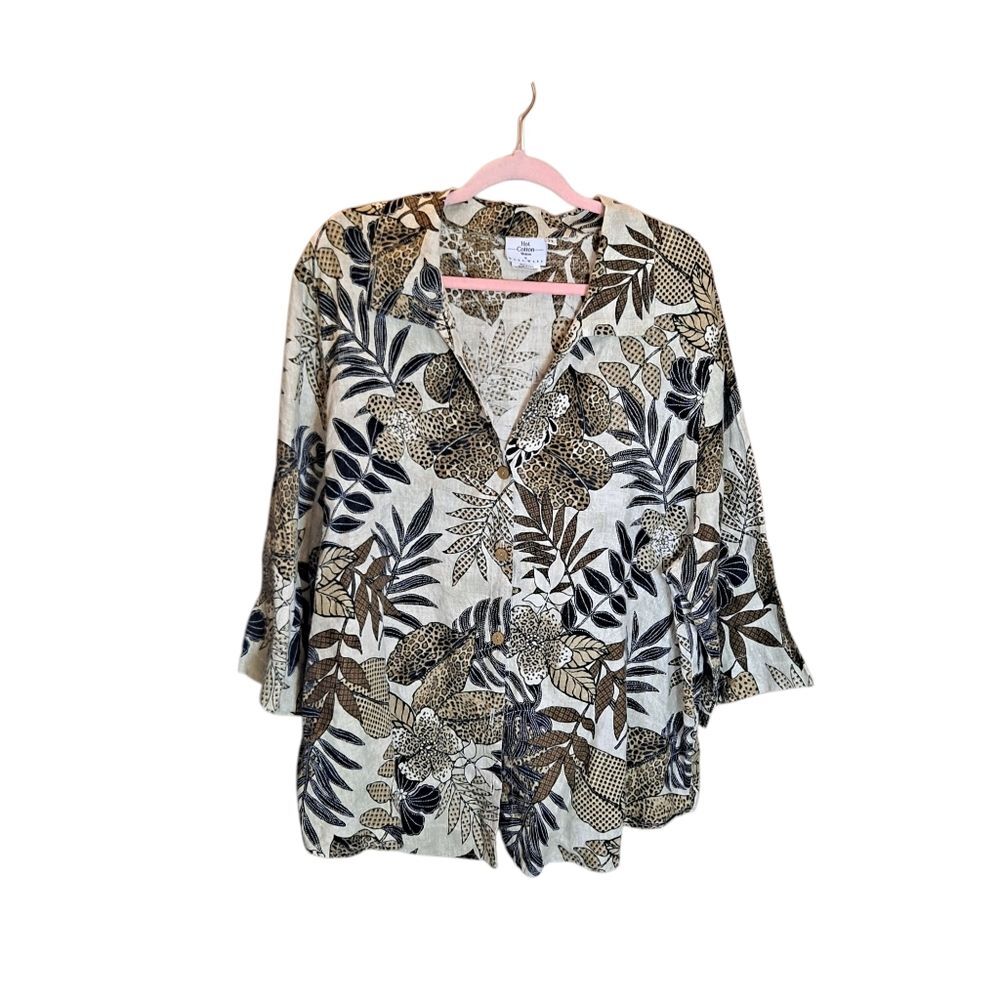 Hot Cotton by Marc Ware Women's 100% Linen Blouse Size 2X Tropical Button Up